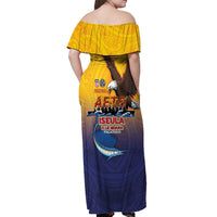 American Samoa Fautasi Off Shoulder Maxi Dress Bald Eage and Sailfish with Kakau Motifs - Polynesian Pride