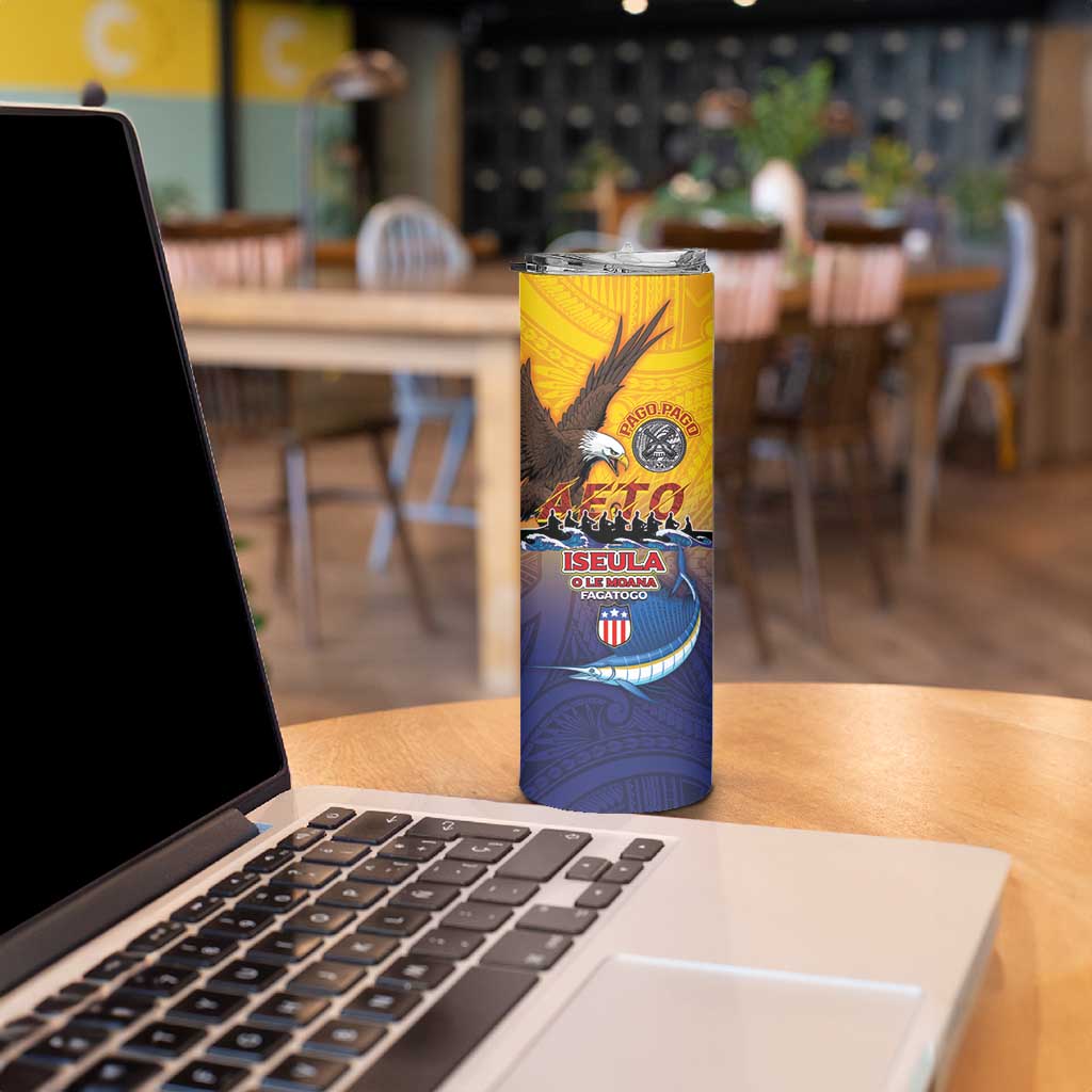 American Samoa Fautasi Skinny Tumbler Bald Eage and Sailfish with Kakau Motifs - Polynesian Pride