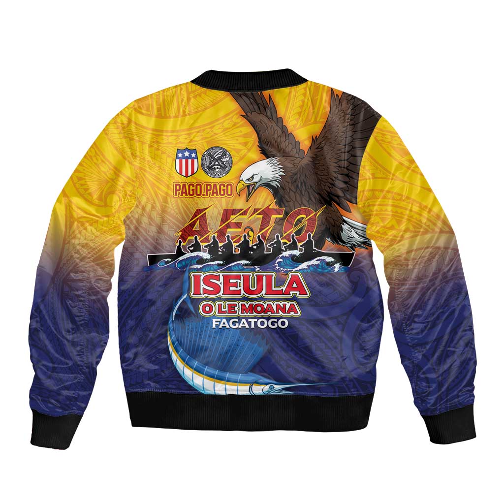 American Samoa Fautasi Sleeve Zip Bomber Jacket Bald Eage and Sailfish with Kakau Motifs LT03 - Polynesian Pride