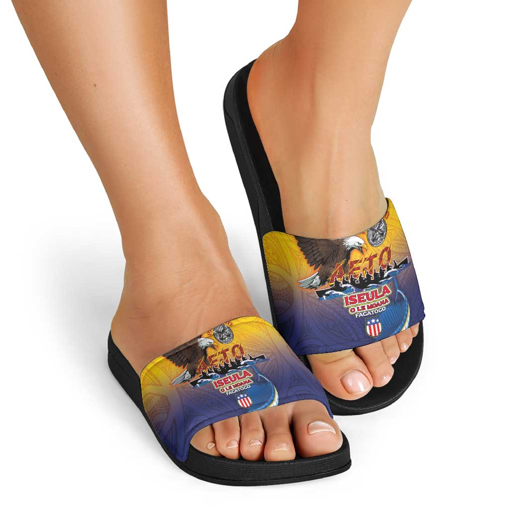 American Samoa Fautasi Slide Sandals Bald Eage and Sailfish with Kakau Motifs - Polynesian Pride