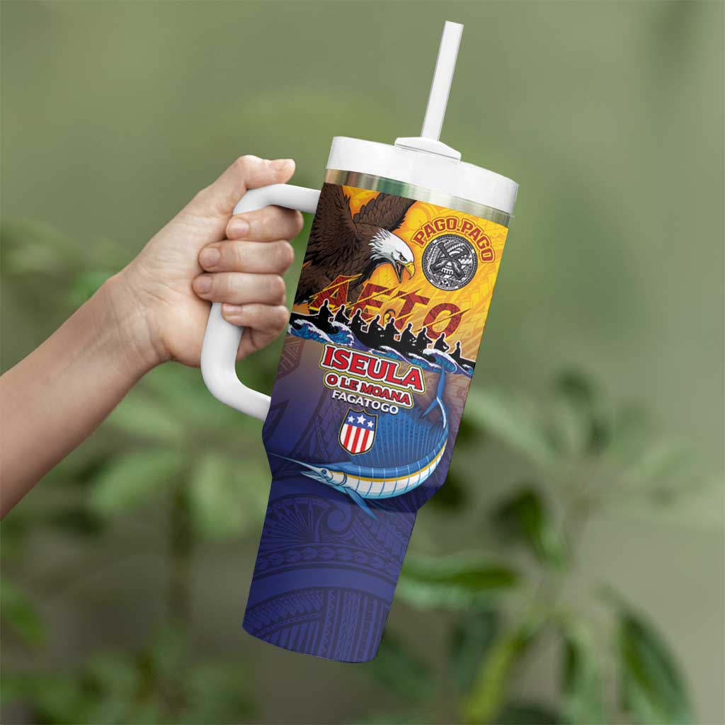 American Samoa Fautasi Tumbler With Handle Bald Eage and Sailfish with Kakau Motifs - Polynesian Pride