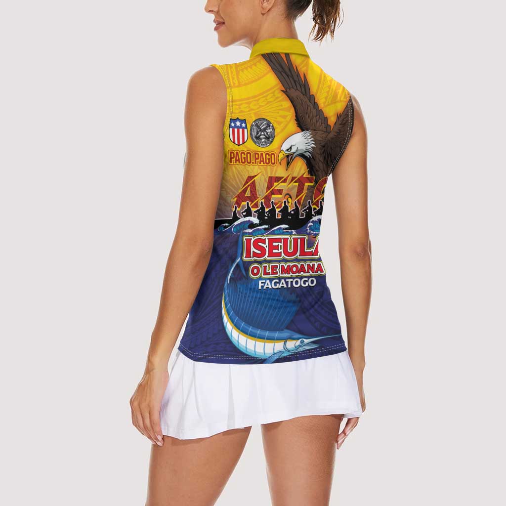 American Samoa Fautasi Women Sleeveless Polo Shirt Bald Eage and Sailfish with Kakau Motifs - Polynesian Pride