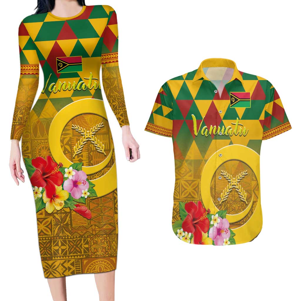 Melanesian Vanuatu Couples Matching Long Sleeve Bodycon Dress and Hawaiian Shirt With Tapa Tribal Pattern and Triangle Geometric Tricolor LT03 Yellow - Polynesian Pride