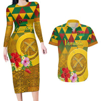 Melanesian Vanuatu Couples Matching Long Sleeve Bodycon Dress and Hawaiian Shirt With Tapa Tribal Pattern and Triangle Geometric Tricolor LT03 Yellow - Polynesian Pride