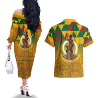 Melanesian Vanuatu Couples Matching Off The Shoulder Long Sleeve Dress and Hawaiian Shirt With Tapa Tribal Pattern and Triangle Geometric Tricolor LT03 - Polynesian Pride