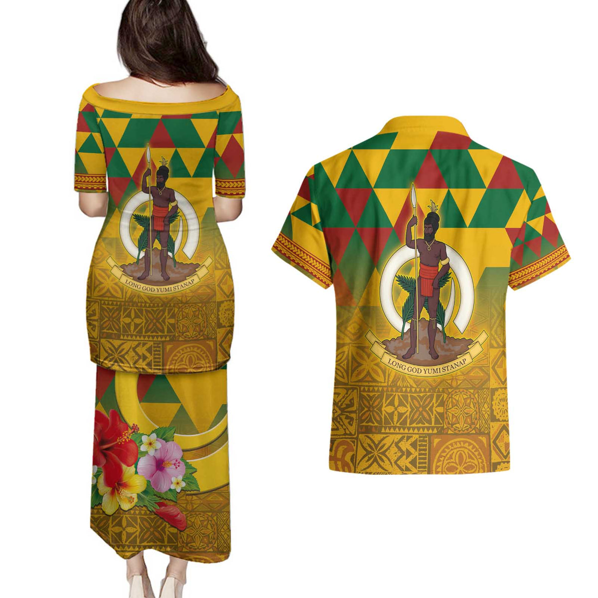Melanesian Vanuatu Couples Matching Puletasi and Hawaiian Shirt With Tapa Tribal Pattern and Triangle Geometric Tricolor - Polynesian Pride