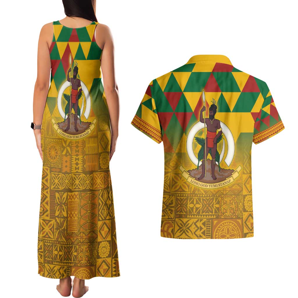 Melanesian Vanuatu Couples Matching Tank Maxi Dress and Hawaiian Shirt With Tapa Tribal Pattern and Triangle Geometric Tricolor - Polynesian Pride