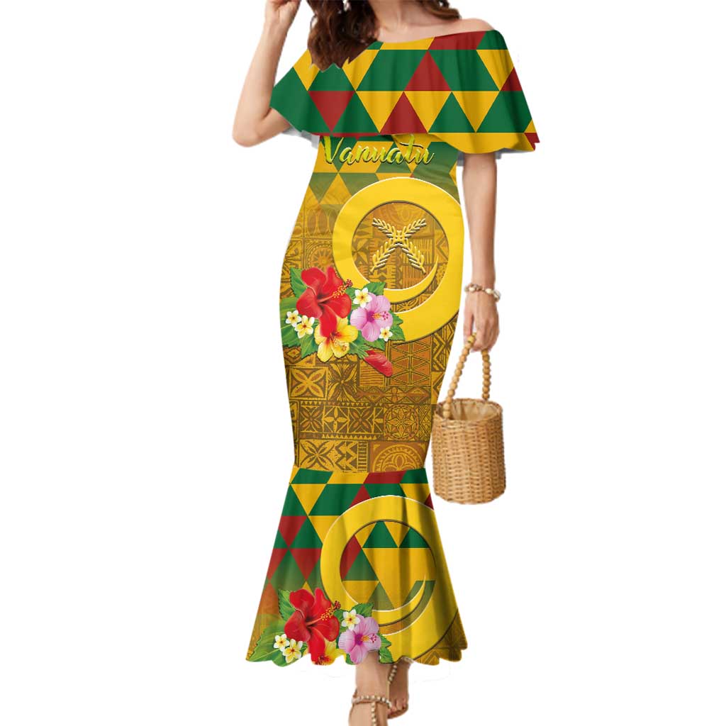 Melanesian Vanuatu Family Matching Mermaid Dress and Hawaiian Shirt With Tapa Tribal Pattern and Triangle Geometric Tricolor LT03 Mom's Dress Yellow - Polynesian Pride
