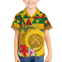Melanesian Vanuatu Family Matching Off The Shoulder Long Sleeve Dress and Hawaiian Shirt With Tapa Tribal Pattern and Triangle Geometric Tricolor LT03 Son's Shirt Yellow - Polynesian Pride