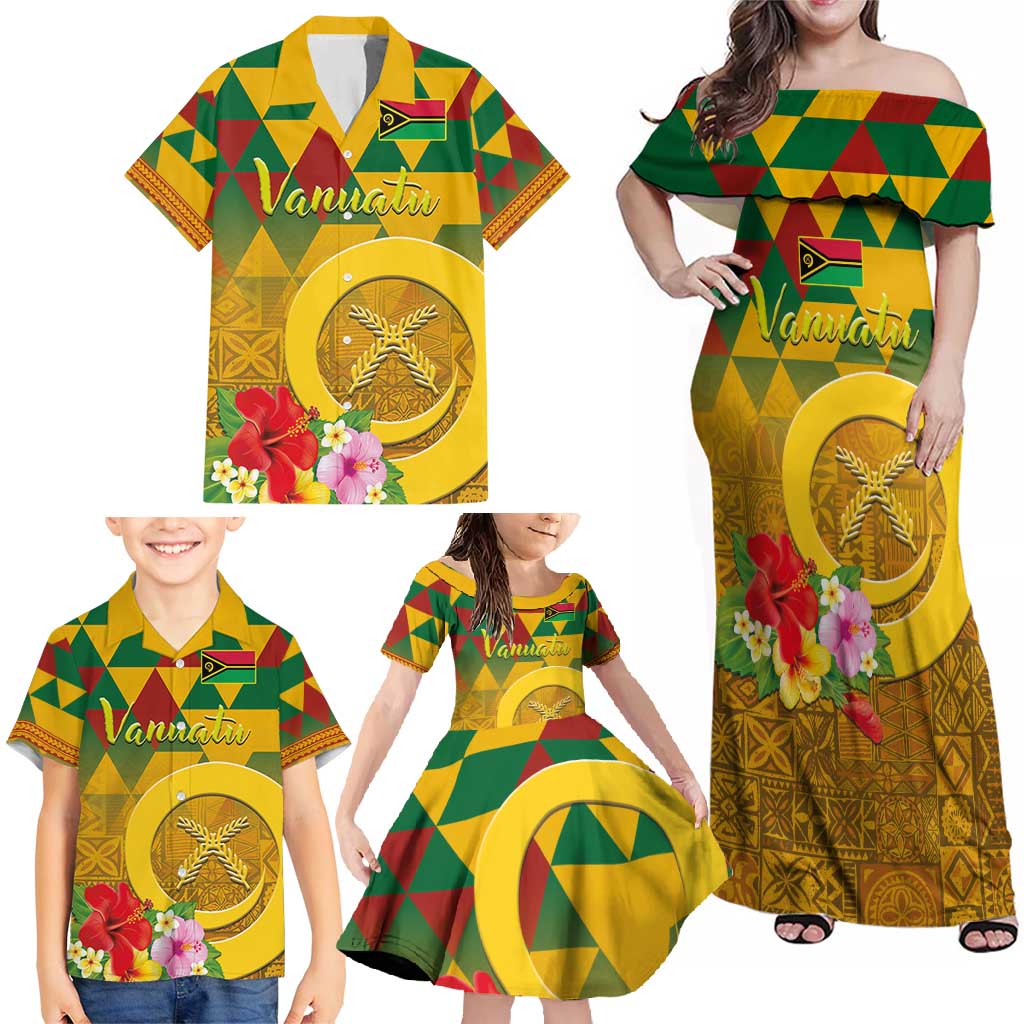Melanesian Vanuatu Family Matching Off Shoulder Maxi Dress and Hawaiian Shirt With Tapa Tribal Pattern and Triangle Geometric Tricolor LT03 - Polynesian Pride