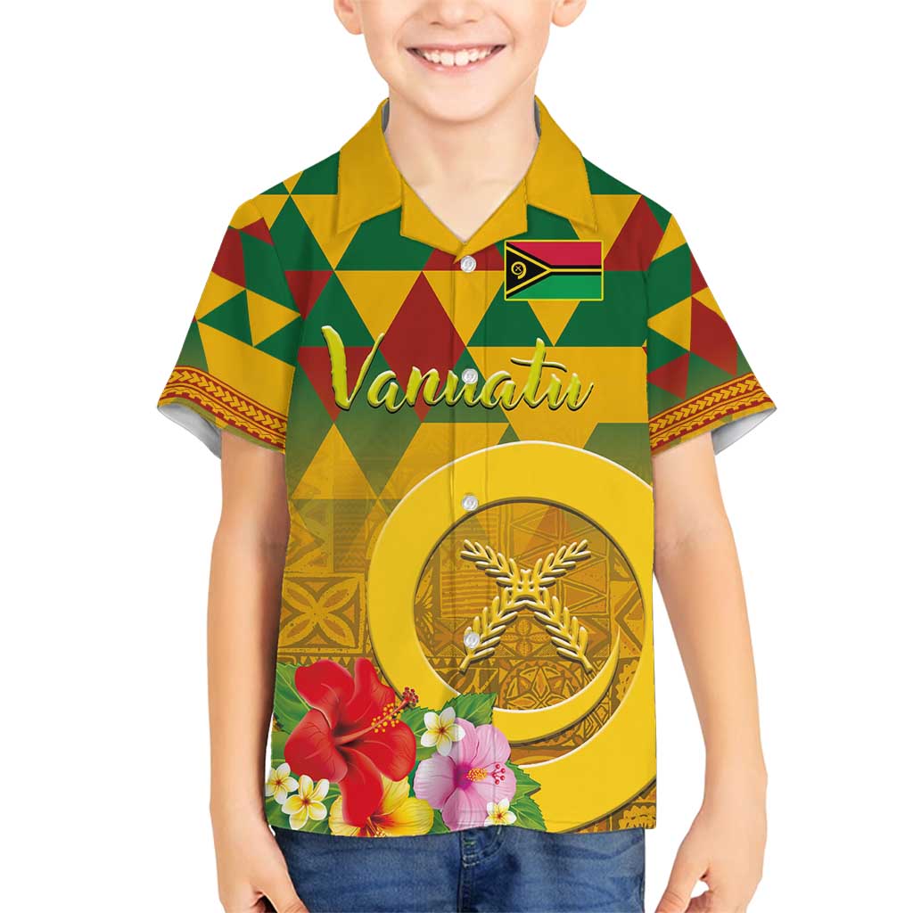 Melanesian Vanuatu Family Matching Off Shoulder Maxi Dress and Hawaiian Shirt With Tapa Tribal Pattern and Triangle Geometric Tricolor LT03 Son's Shirt Yellow - Polynesian Pride