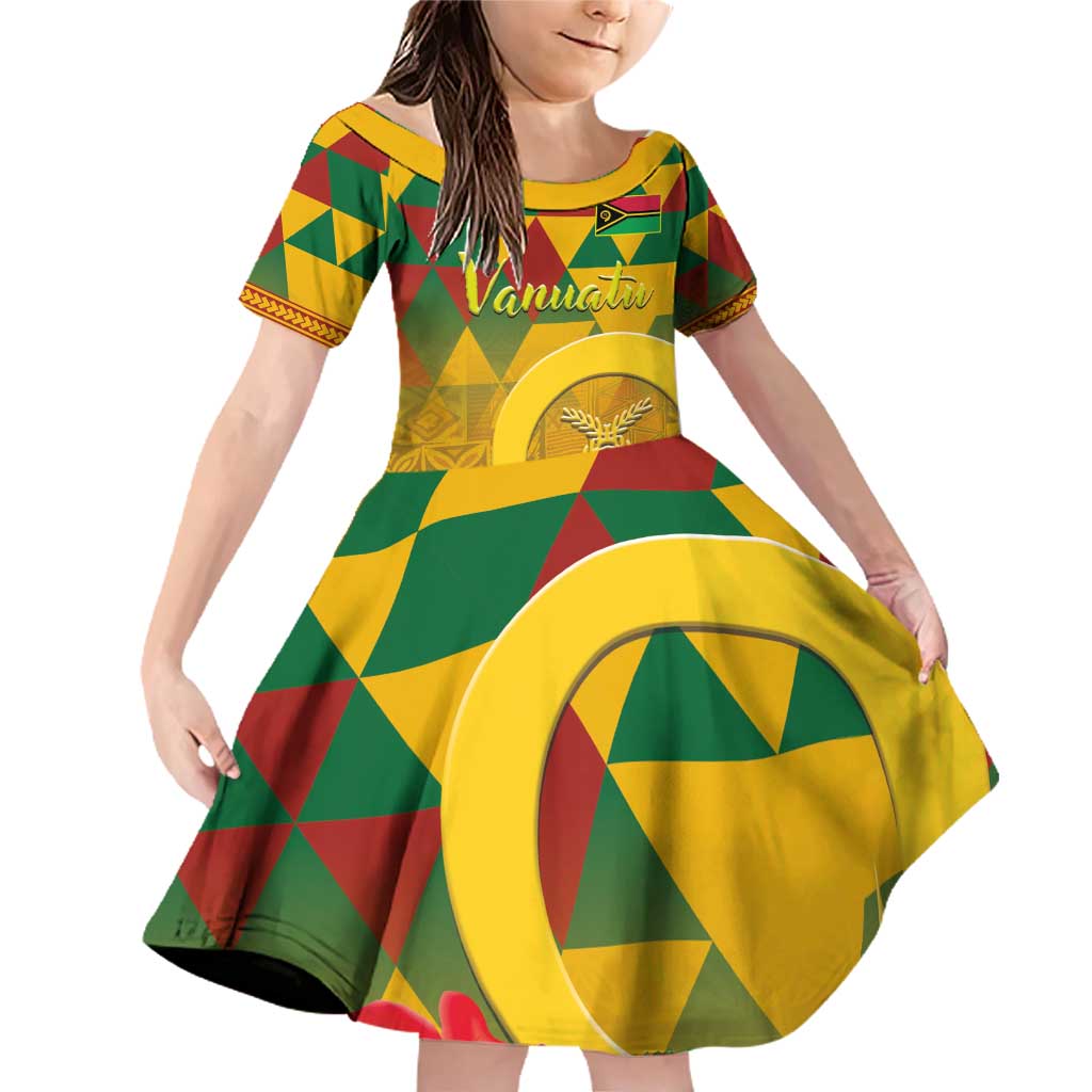Melanesian Vanuatu Family Matching Off Shoulder Short Dress and Hawaiian Shirt With Tapa Tribal Pattern and Triangle Geometric Tricolor LT03 Daughter's Dress Yellow - Polynesian Pride