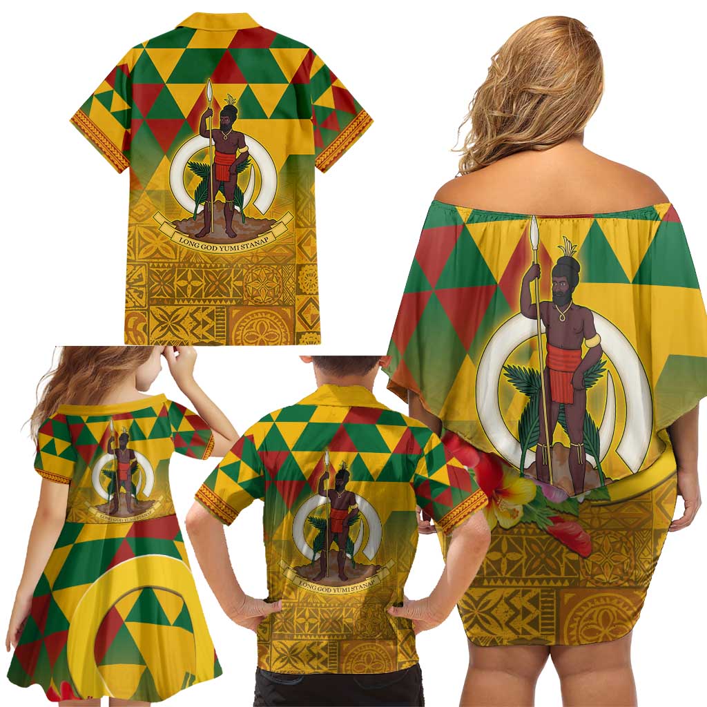 Melanesian Vanuatu Family Matching Off Shoulder Short Dress and Hawaiian Shirt With Tapa Tribal Pattern and Triangle Geometric Tricolor LT03 - Polynesian Pride