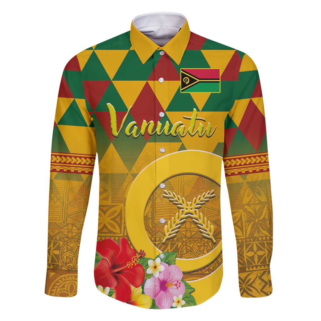 Melanesian Vanuatu Family Matching Off Shoulder Short Dress and Hawaiian Shirt With Tapa Tribal Pattern and Triangle Geometric Tricolor LT03 Dad's Shirt - Long Sleeve Yellow - Polynesian Pride