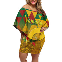 Melanesian Vanuatu Family Matching Off Shoulder Short Dress and Hawaiian Shirt With Tapa Tribal Pattern and Triangle Geometric Tricolor LT03 Mom's Dress Yellow - Polynesian Pride