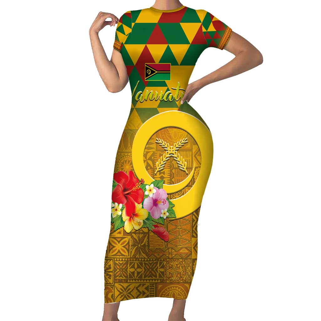 Melanesian Vanuatu Family Matching Short Sleeve Bodycon Dress and Hawaiian Shirt With Tapa Tribal Pattern and Triangle Geometric Tricolor LT03 Mom's Dress Yellow - Polynesian Pride