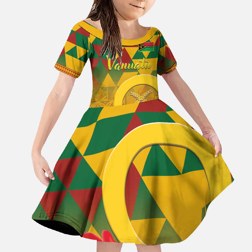 Melanesian Vanuatu Family Matching Summer Maxi Dress and Hawaiian Shirt With Tapa Tribal Pattern and Triangle Geometric Tricolor LT03 Daughter's Dress Yellow - Polynesian Pride