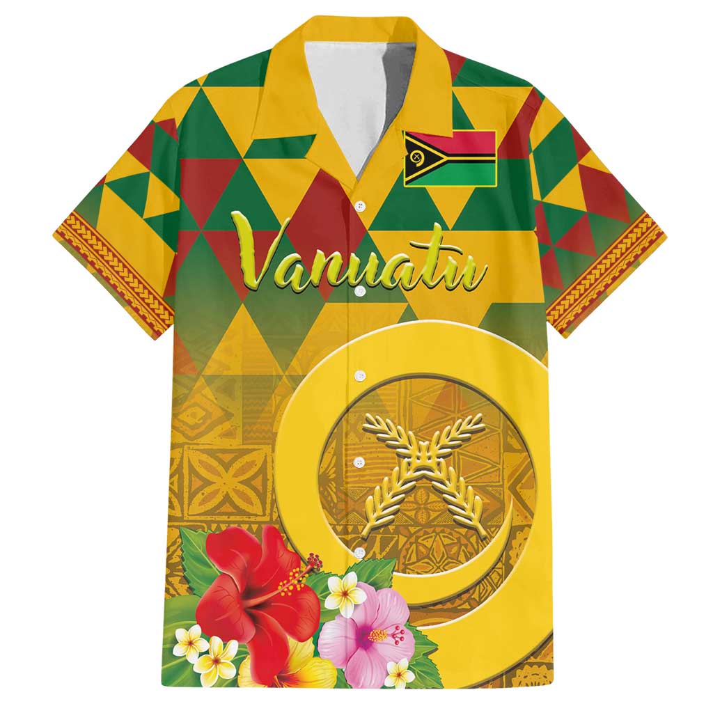 Melanesian Vanuatu Family Matching Summer Maxi Dress and Hawaiian Shirt With Tapa Tribal Pattern and Triangle Geometric Tricolor LT03 Dad's Shirt - Short Sleeve Yellow - Polynesian Pride