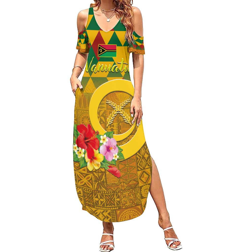 Melanesian Vanuatu Family Matching Summer Maxi Dress and Hawaiian Shirt With Tapa Tribal Pattern and Triangle Geometric Tricolor LT03 Mom's Dress Yellow - Polynesian Pride