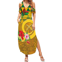 Melanesian Vanuatu Family Matching Summer Maxi Dress and Hawaiian Shirt With Tapa Tribal Pattern and Triangle Geometric Tricolor LT03 Mom's Dress Yellow - Polynesian Pride