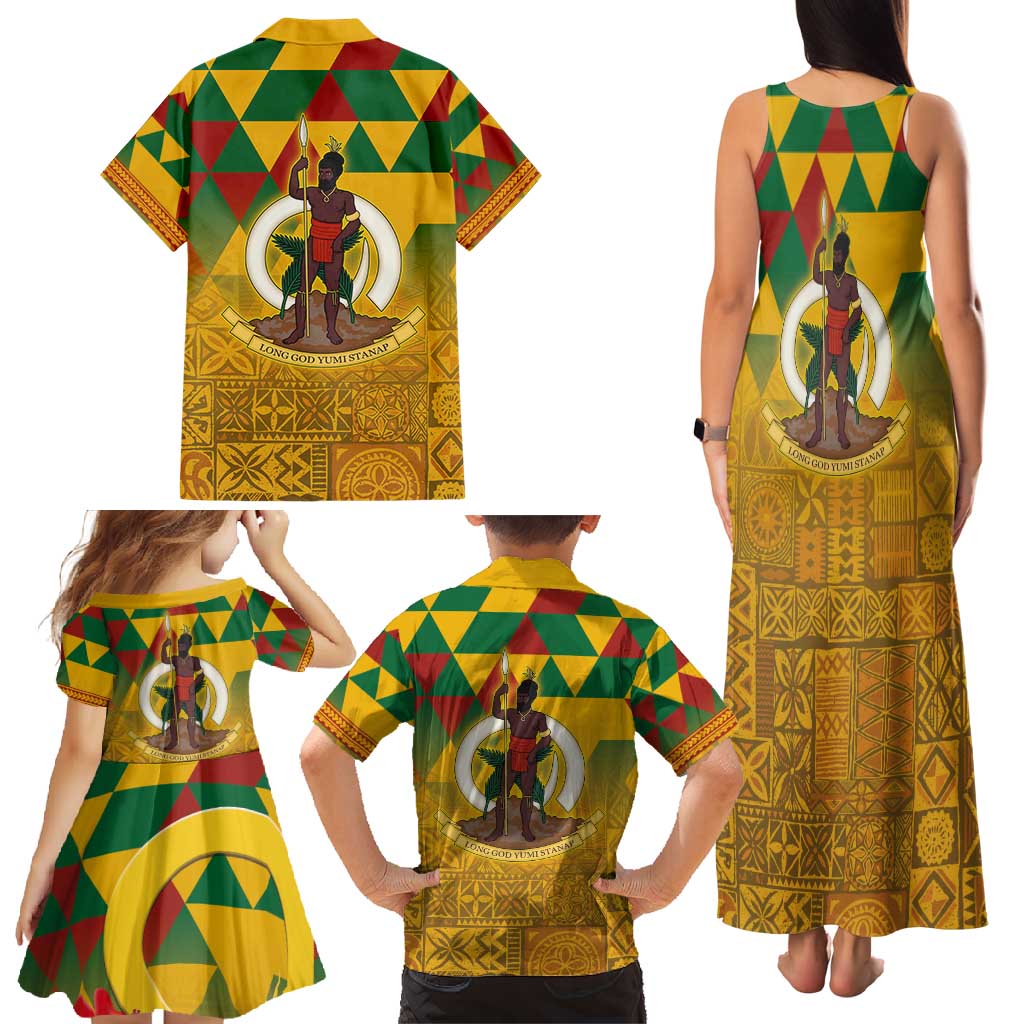 Melanesian Vanuatu Family Matching Tank Maxi Dress and Hawaiian Shirt With Tapa Tribal Pattern and Triangle Geometric Tricolor LT03 - Polynesian Pride