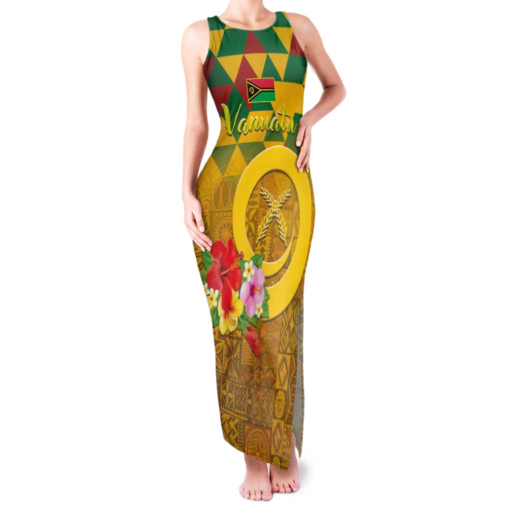 Melanesian Vanuatu Family Matching Tank Maxi Dress and Hawaiian Shirt With Tapa Tribal Pattern and Triangle Geometric Tricolor LT03 Mom's Dress Yellow - Polynesian Pride