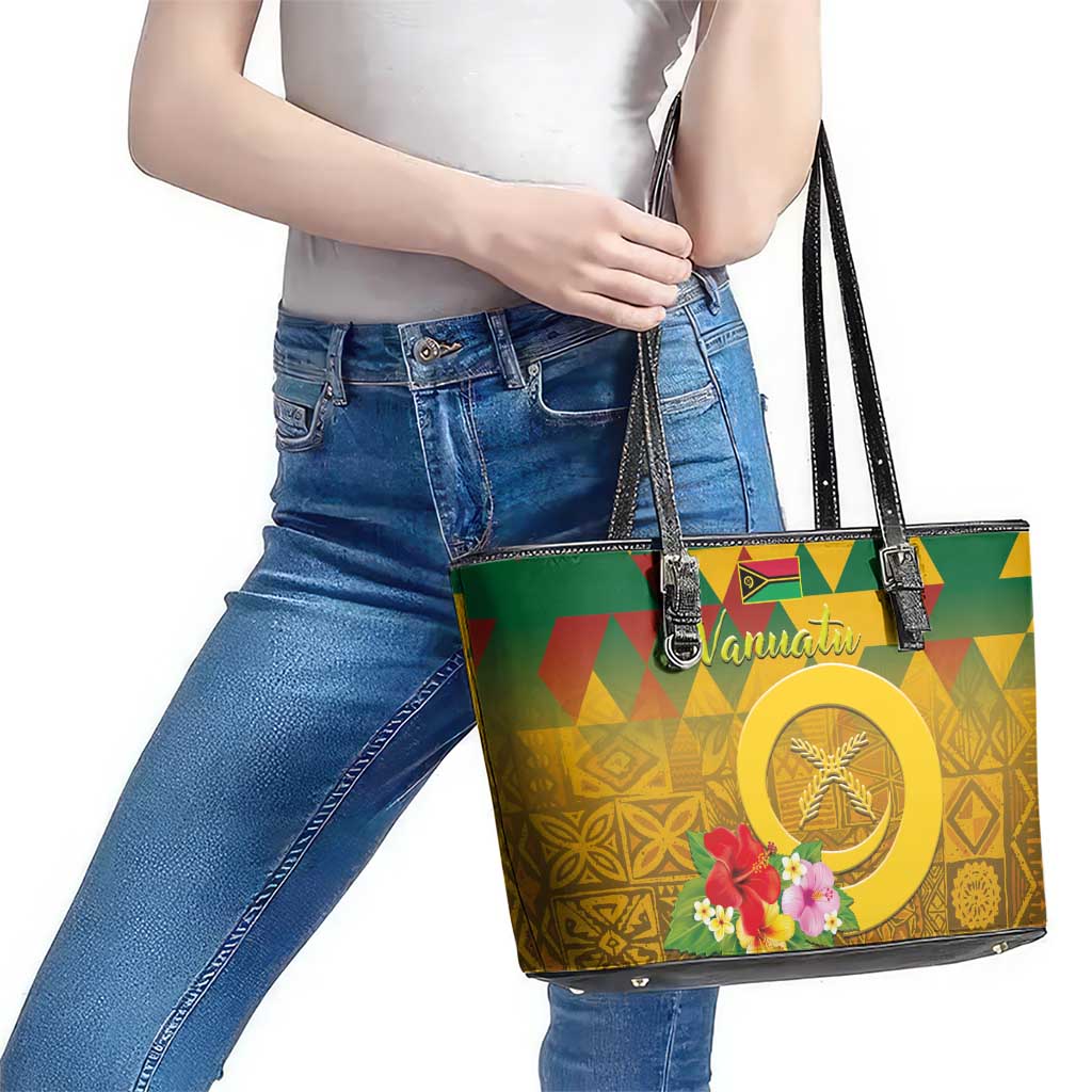 Melanesian Vanuatu Leather Tote Bag With Tapa Tribal Pattern and Triangle Geometric Tricolor - Polynesian Pride