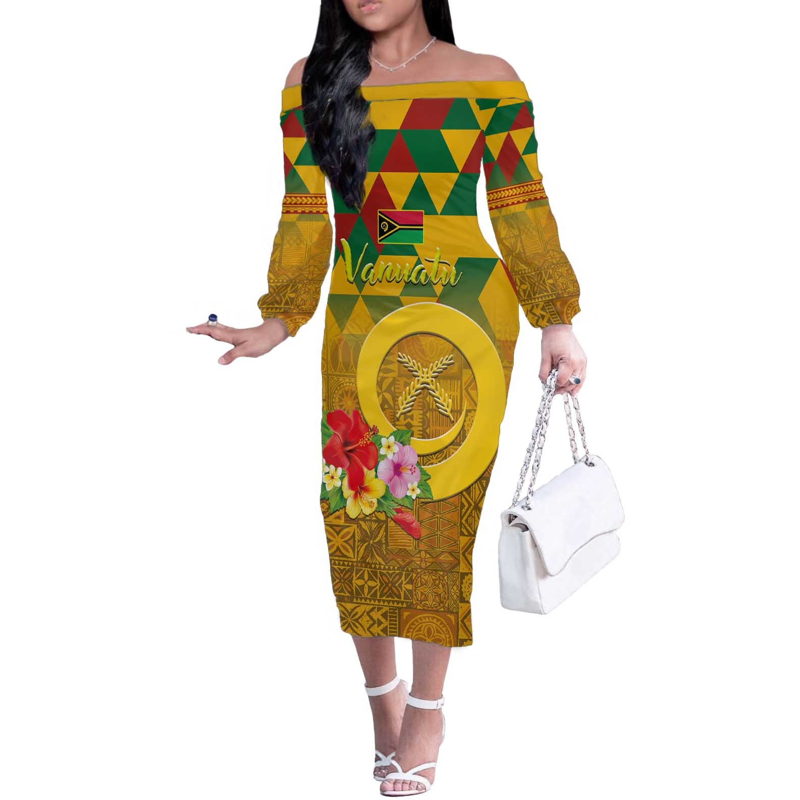 Melanesian Vanuatu Off The Shoulder Long Sleeve Dress With Tapa Tribal Pattern and Triangle Geometric Tricolor - Polynesian Pride