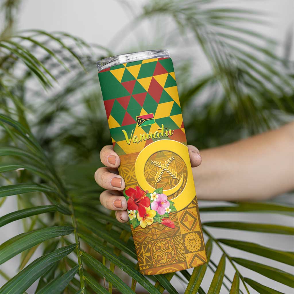 Melanesian Vanuatu Skinny Tumbler With Tapa Tribal Pattern and Triangle Geometric Tricolor - Polynesian Pride