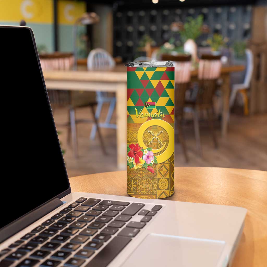 Melanesian Vanuatu Skinny Tumbler With Tapa Tribal Pattern and Triangle Geometric Tricolor - Polynesian Pride