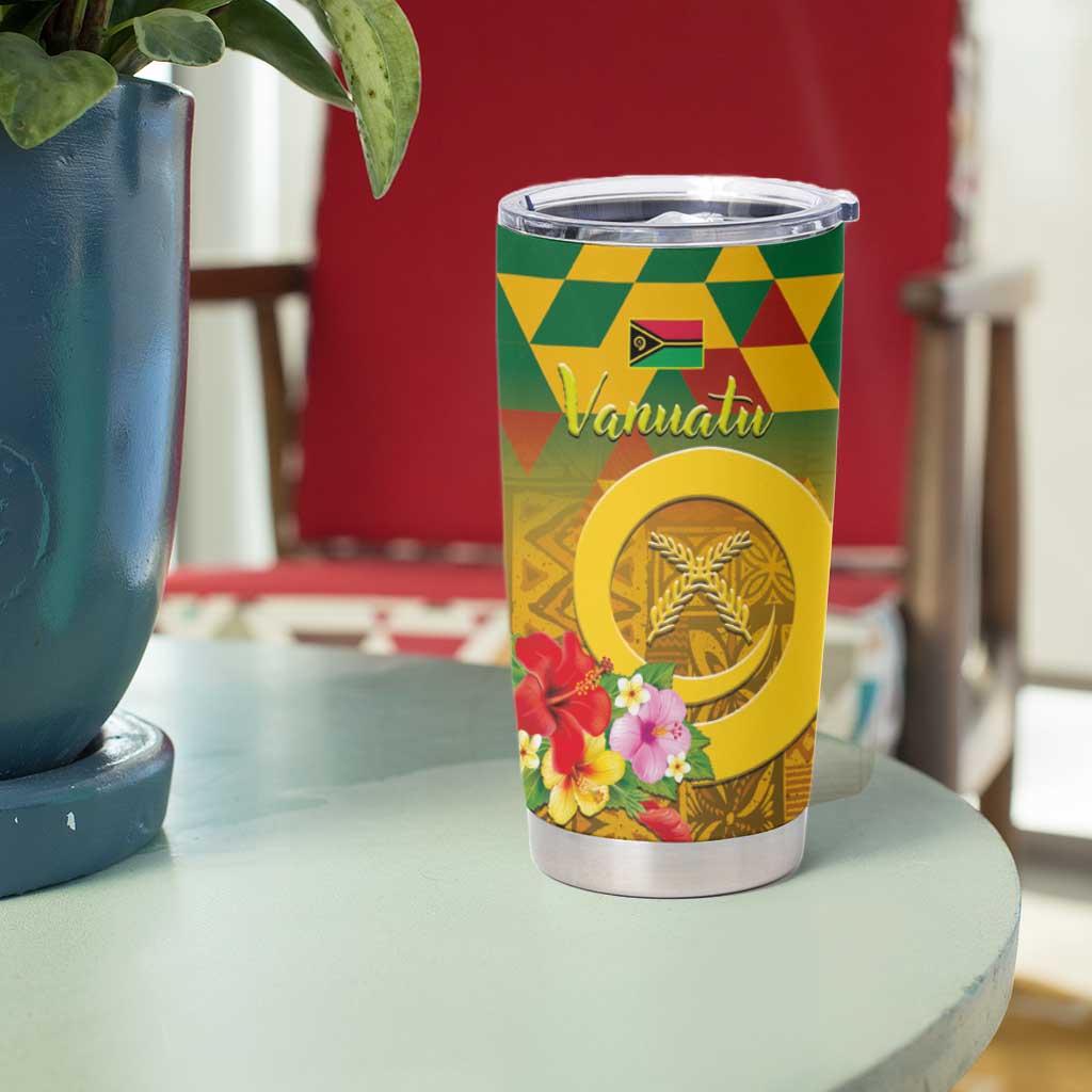 Melanesian Vanuatu Tumbler Cup With Tapa Tribal Pattern and Triangle Geometric Tricolor - Polynesian Pride