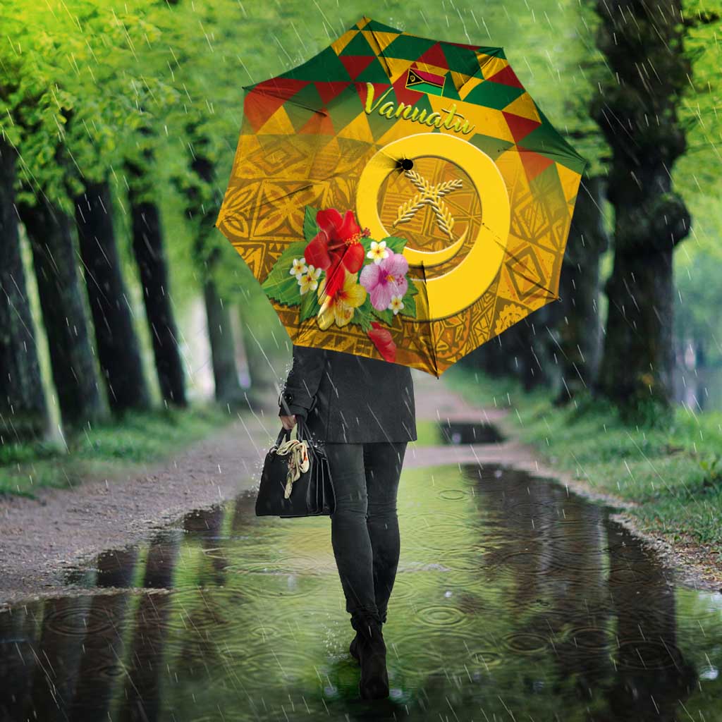 Melanesian Vanuatu Umbrella With Tapa Tribal Pattern and Triangle Geometric Tricolor - Polynesian Pride