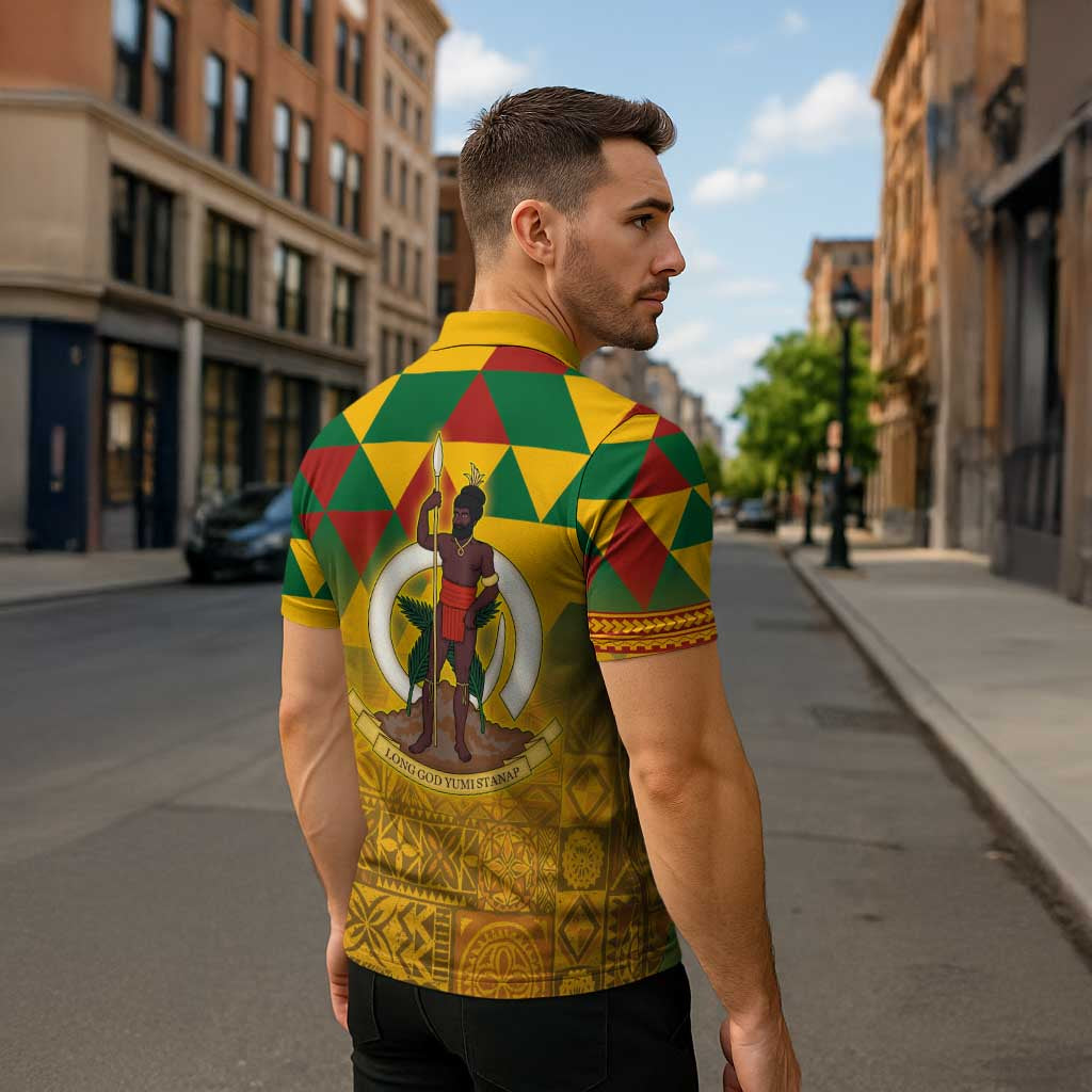Melanesian Vanuatu Zipper Polo Shirt With Tapa Tribal Pattern and Triangle Geometric Tricolor - Polynesian Pride
