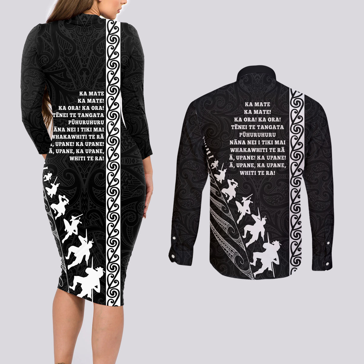 New Zealand Rugby Couples Matching Long Sleeve Bodycon Dress and Long Sleeve Button Shirts Haka Dance Tribal God Mask Maori Pattern LT03 - Polynesian Pride
