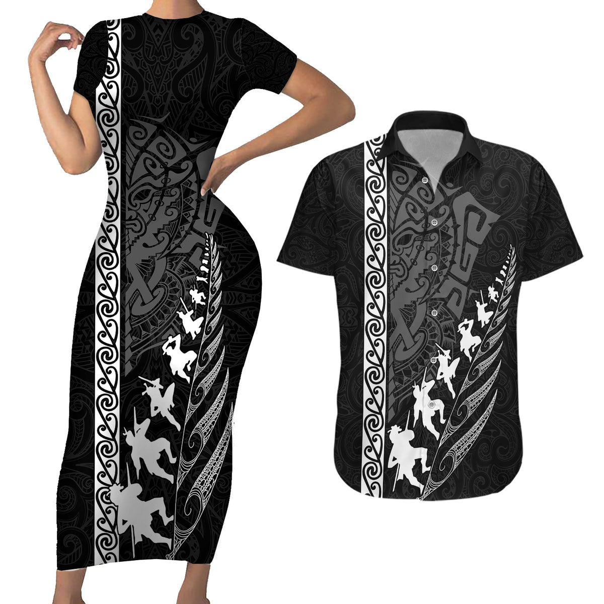 New Zealand Rugby Couples Matching Short Sleeve Bodycon Dress and Hawaiian Shirt Haka Dance Tribal God Mask Maori Pattern LT03 Black - Polynesian Pride
