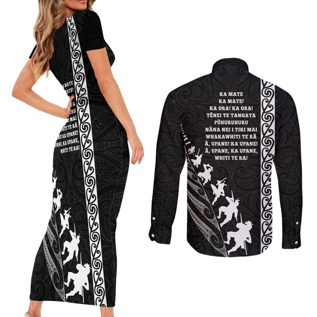 New Zealand Rugby Couples Matching Short Sleeve Bodycon Dress and Long Sleeve Button Shirts Haka Dance Tribal God Mask Maori Pattern LT03 - Polynesian Pride