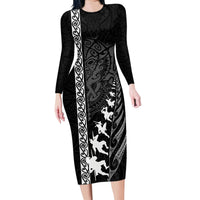 New Zealand Rugby Family Matching Long Sleeve Bodycon Dress and Hawaiian Shirt Haka Dance Tribal God Mask Maori Pattern LT03 Mom's Dress Black - Polynesian Pride