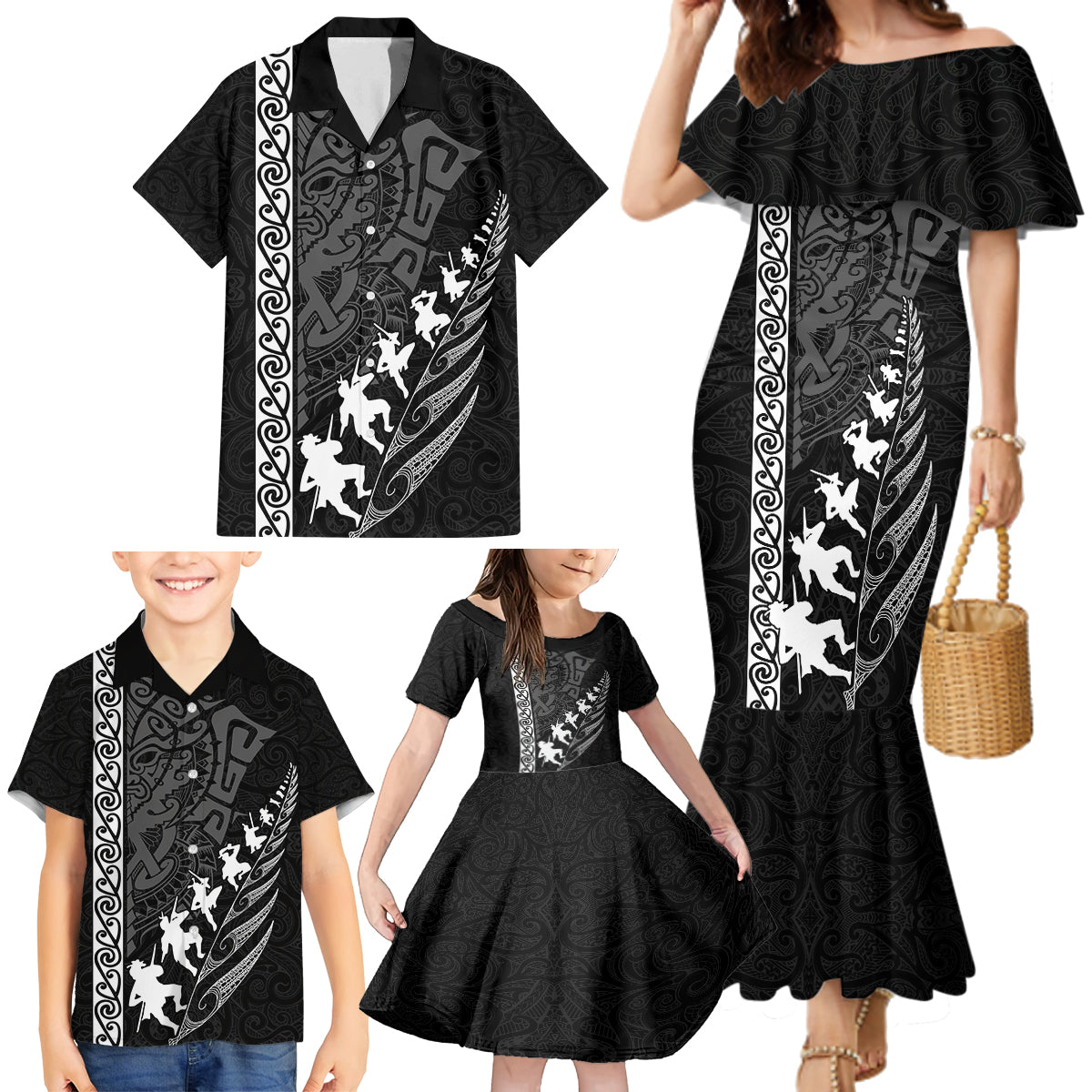 New Zealand Rugby Family Matching Mermaid Dress and Hawaiian Shirt Haka Dance Tribal God Mask Maori Pattern LT03 - Polynesian Pride