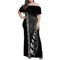 New Zealand Rugby Family Matching Off Shoulder Maxi Dress and Hawaiian Shirt Haka Dance Tribal God Mask Maori Pattern LT03 Mom's Dress Black - Polynesian Pride