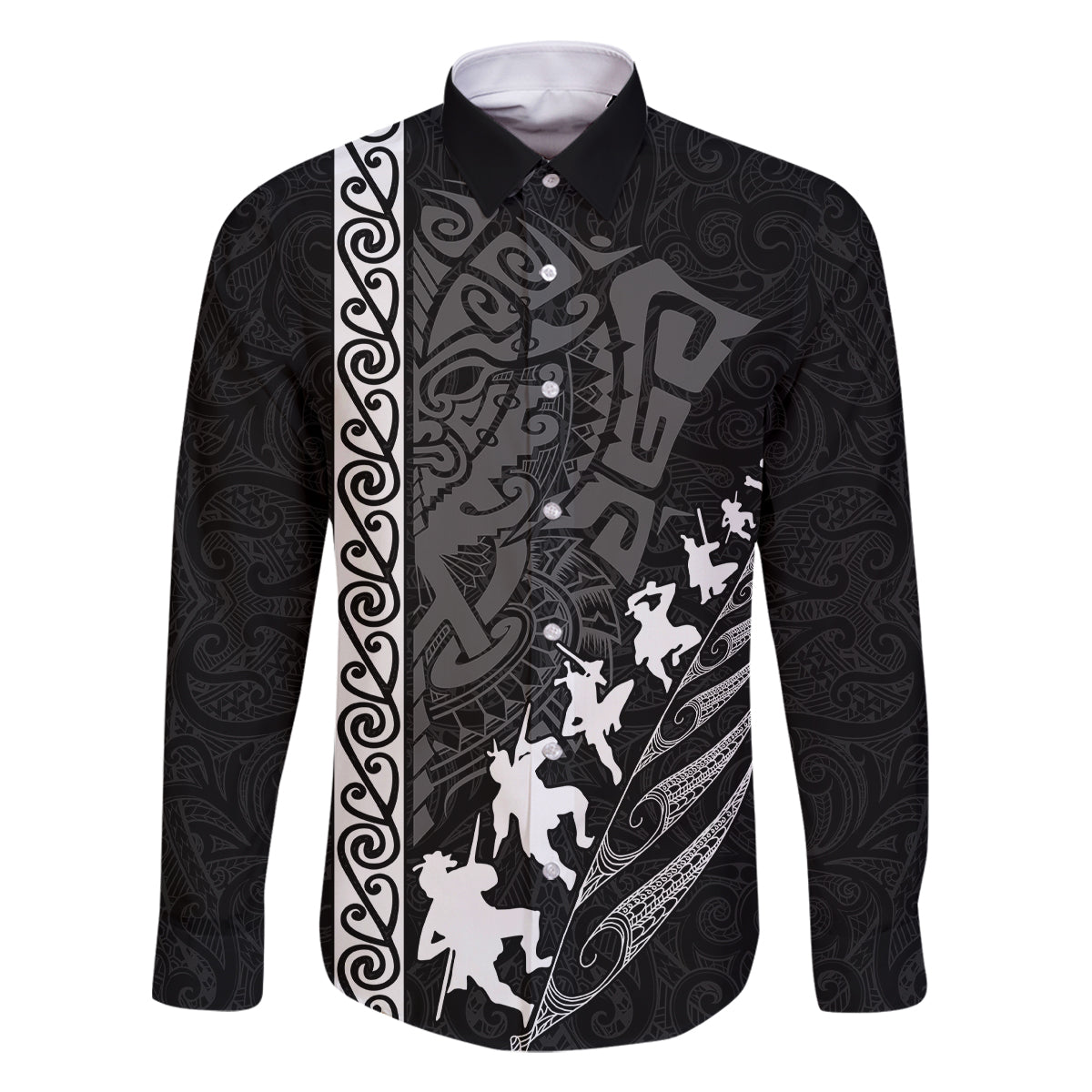 New Zealand Rugby Family Matching Off Shoulder Short Dress and Hawaiian Shirt Haka Dance Tribal God Mask Maori Pattern LT03 Dad's Shirt - Long Sleeve Black - Polynesian Pride