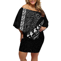 New Zealand Rugby Family Matching Off Shoulder Short Dress and Hawaiian Shirt Haka Dance Tribal God Mask Maori Pattern LT03 Mom's Dress Black - Polynesian Pride
