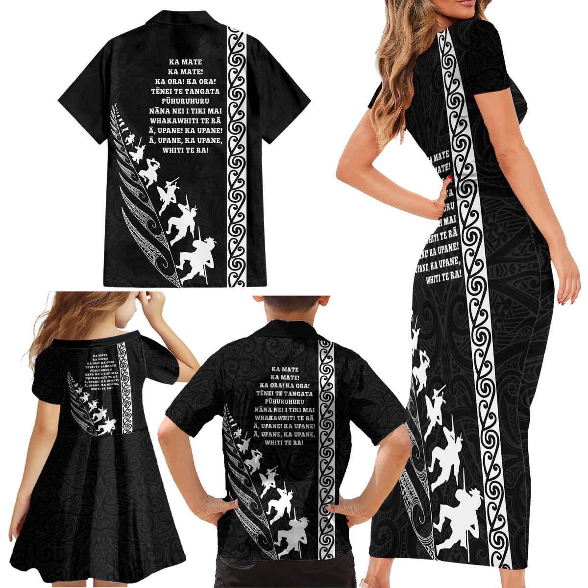 New Zealand Rugby Family Matching Short Sleeve Bodycon Dress and Hawaiian Shirt Haka Dance Tribal God Mask Maori Pattern LT03 - Polynesian Pride