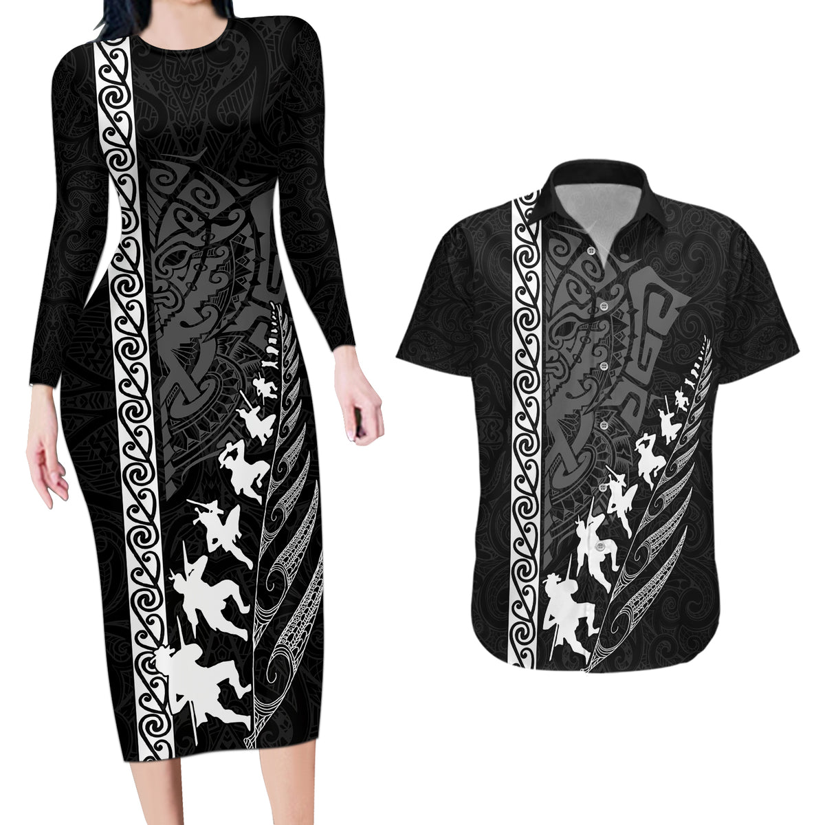 Custom New Zealand Rugby Couples Matching Long Sleeve Bodycon Dress and Hawaiian Shirt Haka Dance Tribal God Mask Maori Pattern LT03 Black - Polynesian Pride
