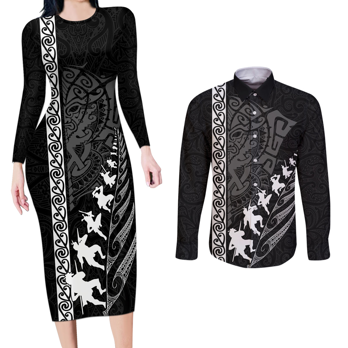 Custom New Zealand Rugby Couples Matching Long Sleeve Bodycon Dress and Long Sleeve Button Shirts Haka Dance Tribal God Mask Maori Pattern LT03 Black - Polynesian Pride