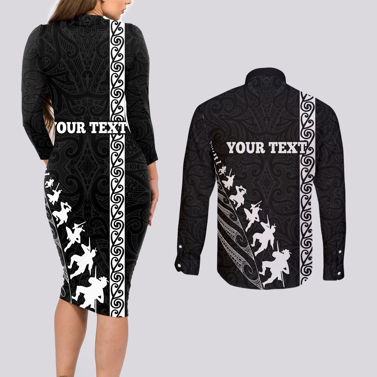 Custom New Zealand Rugby Couples Matching Long Sleeve Bodycon Dress and Long Sleeve Button Shirts Haka Dance Tribal God Mask Maori Pattern LT03 - Polynesian Pride