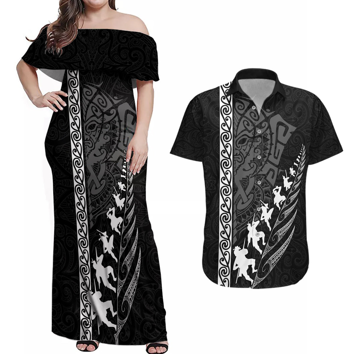 Custom New Zealand Rugby Couples Matching Off Shoulder Maxi Dress and Hawaiian Shirt Haka Dance Tribal God Mask Maori Pattern LT03 Black - Polynesian Pride