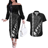 Custom New Zealand Rugby Couples Matching Off The Shoulder Long Sleeve Dress and Hawaiian Shirt Haka Dance Tribal God Mask Maori Pattern LT03 Black - Polynesian Pride