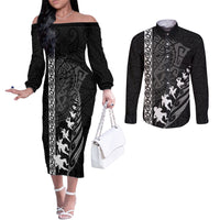 Custom New Zealand Rugby Couples Matching Off The Shoulder Long Sleeve Dress and Long Sleeve Button Shirts Haka Dance Tribal God Mask Maori Pattern LT03 Black - Polynesian Pride