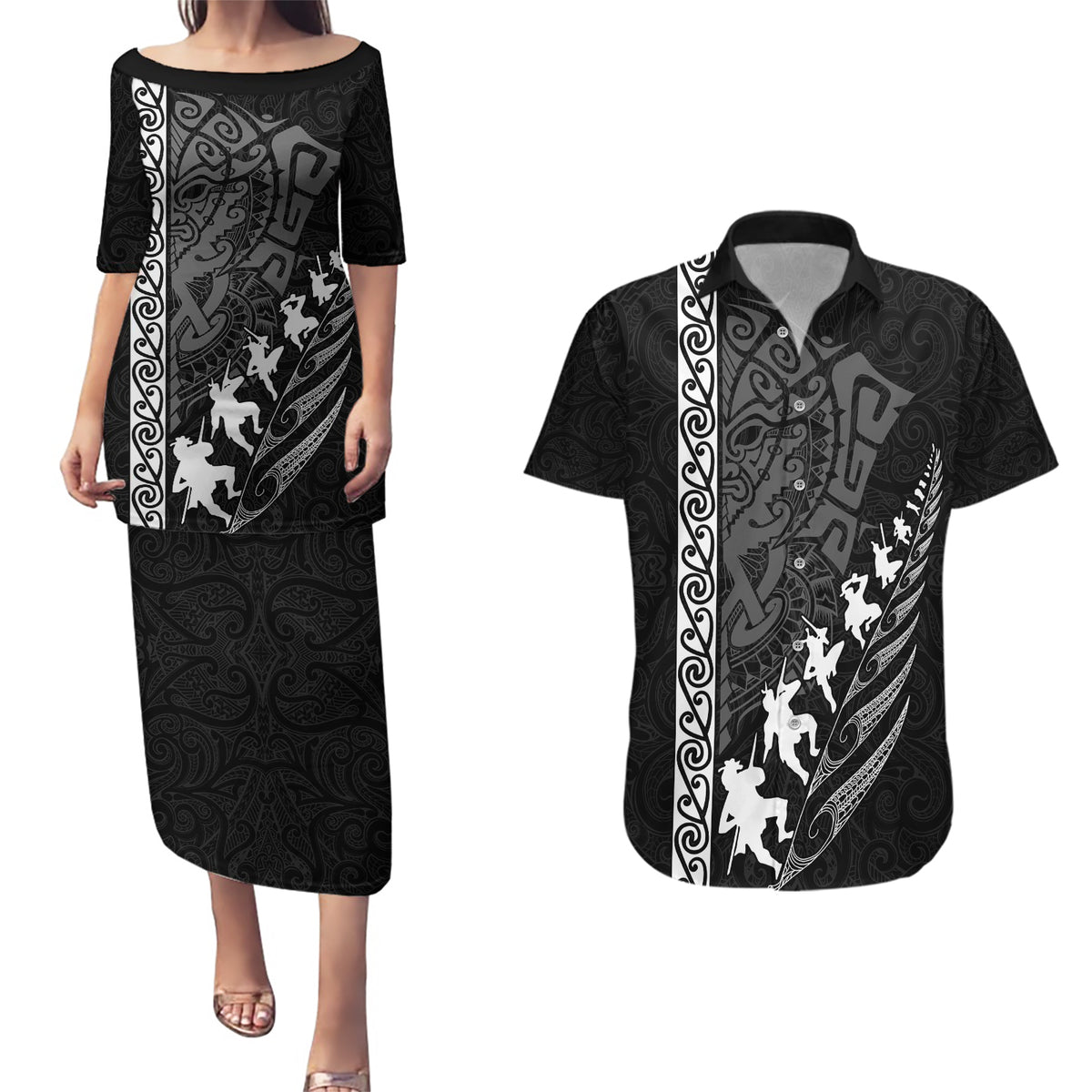 Custom New Zealand Rugby Couples Matching Puletasi Dress and Hawaiian Shirt Haka Dance Tribal God Mask Maori Pattern LT03 Black - Polynesian Pride