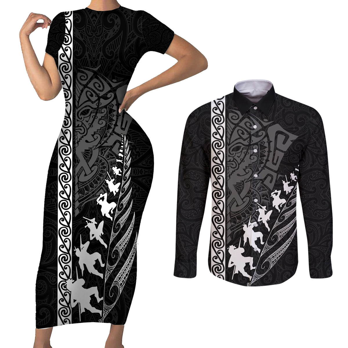 Custom New Zealand Rugby Couples Matching Short Sleeve Bodycon Dress and Long Sleeve Button Shirts Haka Dance Tribal God Mask Maori Pattern LT03 Black - Polynesian Pride